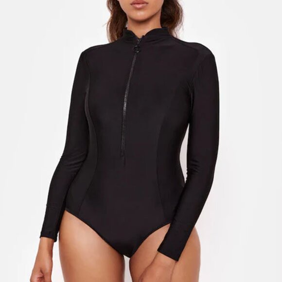 LYRA Swim Sofia One Piece Long Sleeve Black Swimsuit S Half Zip UPF 50+ Modest - Picture 2 of 14